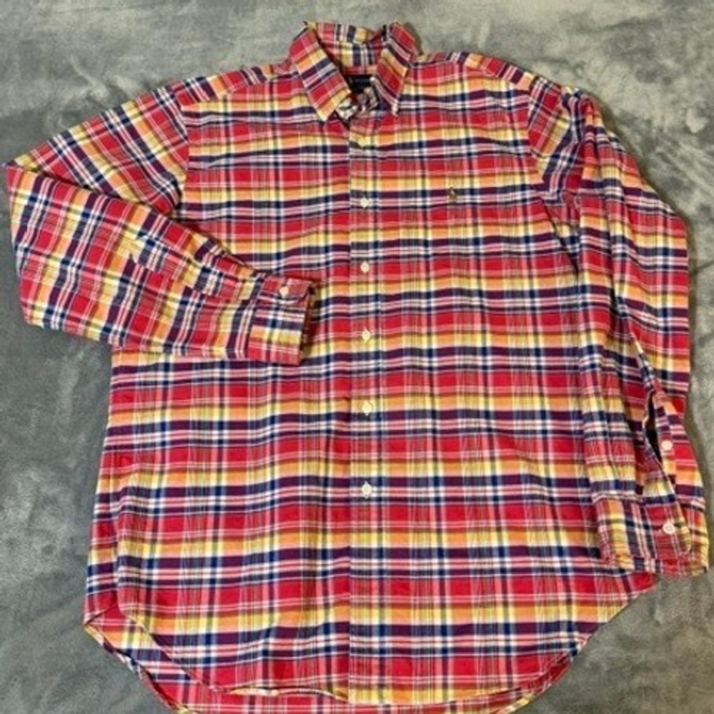 Polo Ralph Lauren Mens Classic Fit Plaid Button Down Shirt Red Yellow Blue M